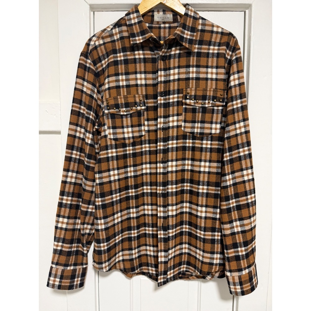 Gaelle Paris Mens Brown Plaid Studded Western Shirt Revolver Embroidery Long Slv